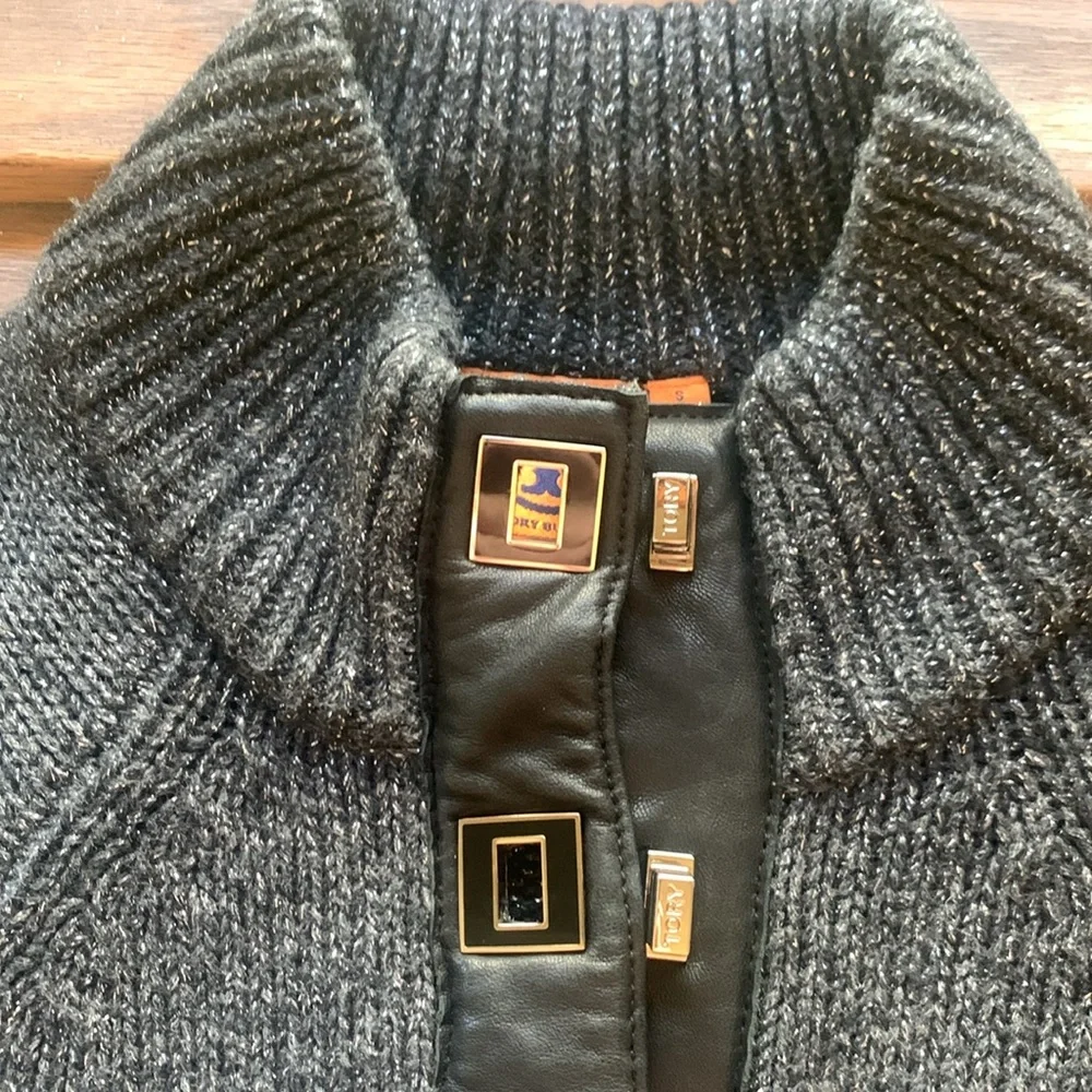 Tory Burch metallic cardigan with faux leather trim and toggle closures. - Picture 9 of 9